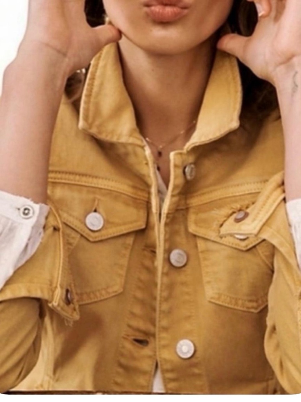 Medium Pilcro and the Letterpress mustard cropped denim trucker jacket- yellow